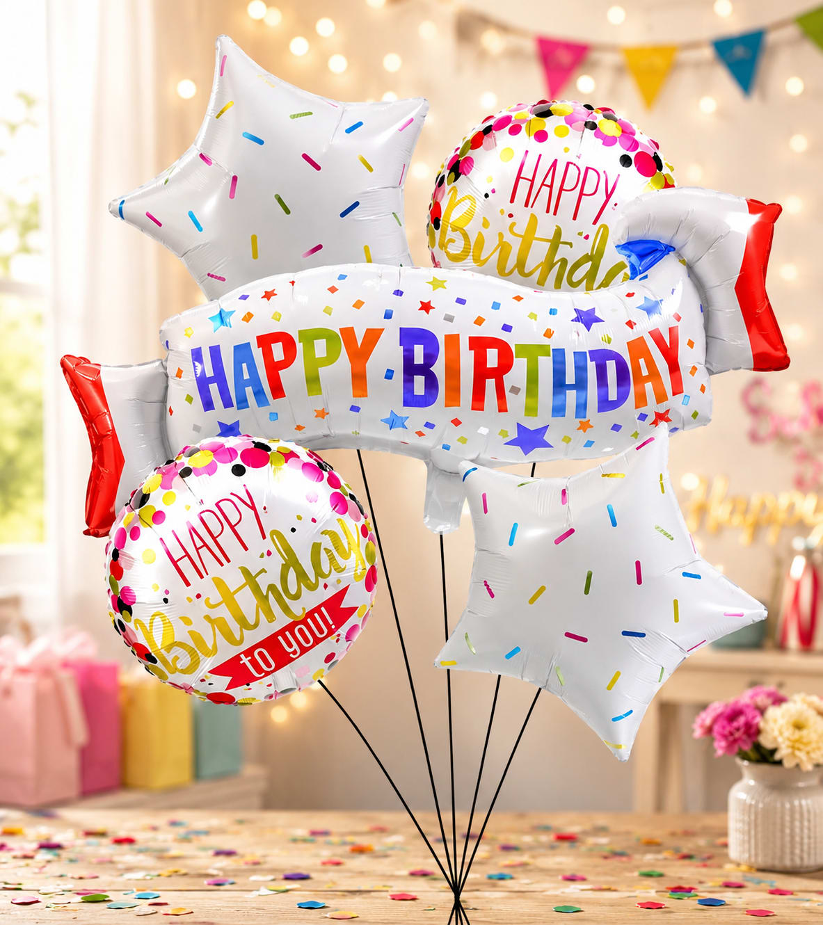 Birthday Balloons - A colorful Happy Birthday balloon bouquet, perfect for birthday celebrations. Helium-filled and available for local delivery.