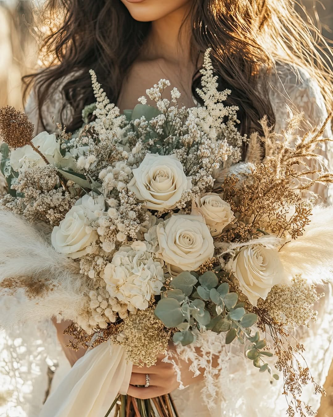Bride holding a bouquet of white roses and baby's breath
