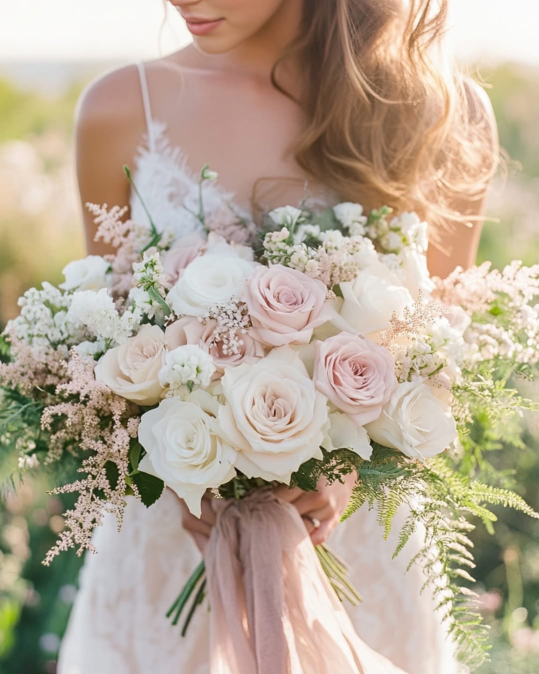 Bride holding a bouquet of pale pink and white roses