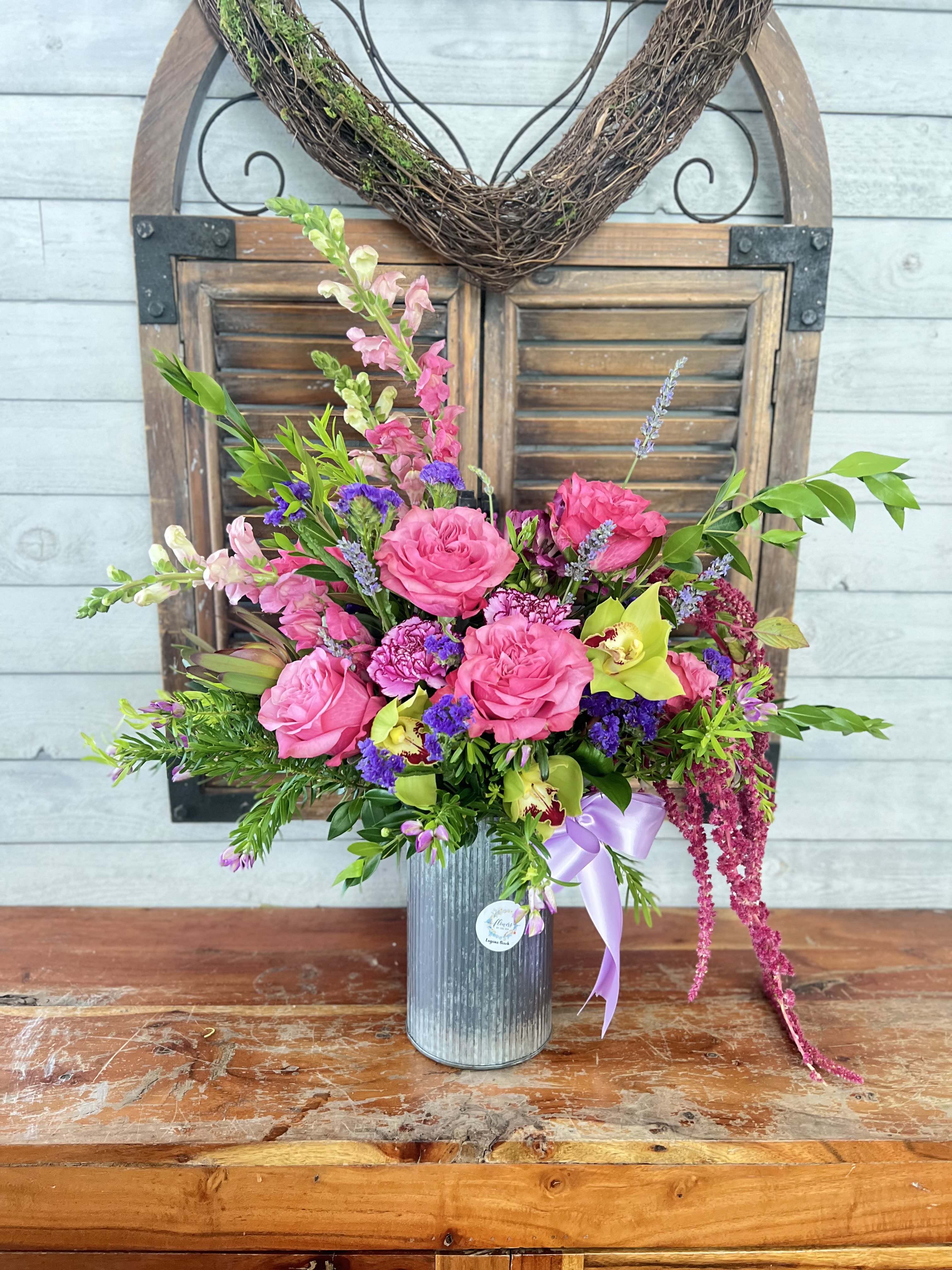 Some for you  - Hot Pink roses in metallic rustic container 