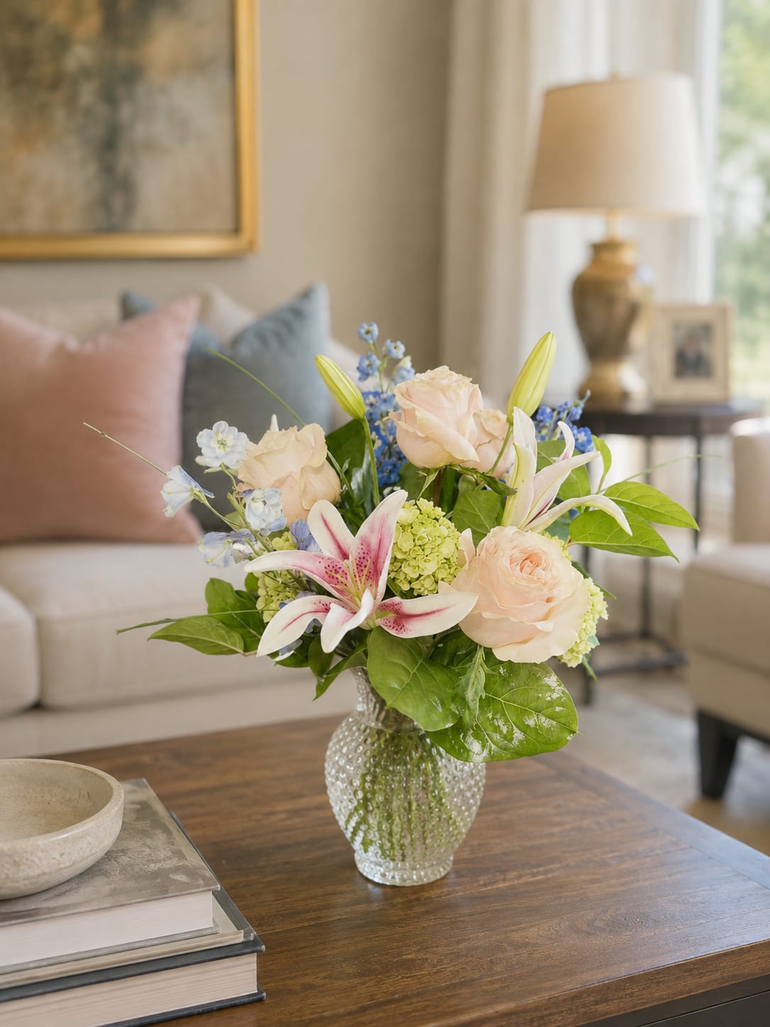 Bouquet of pale roses, lilies, and blue flowers in a glass vase