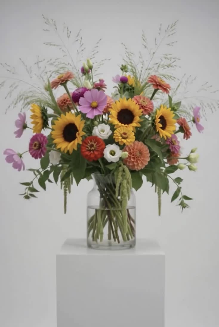 Mixed bouquet of sunflowers, daisies, and zinnias in a clear glass vase