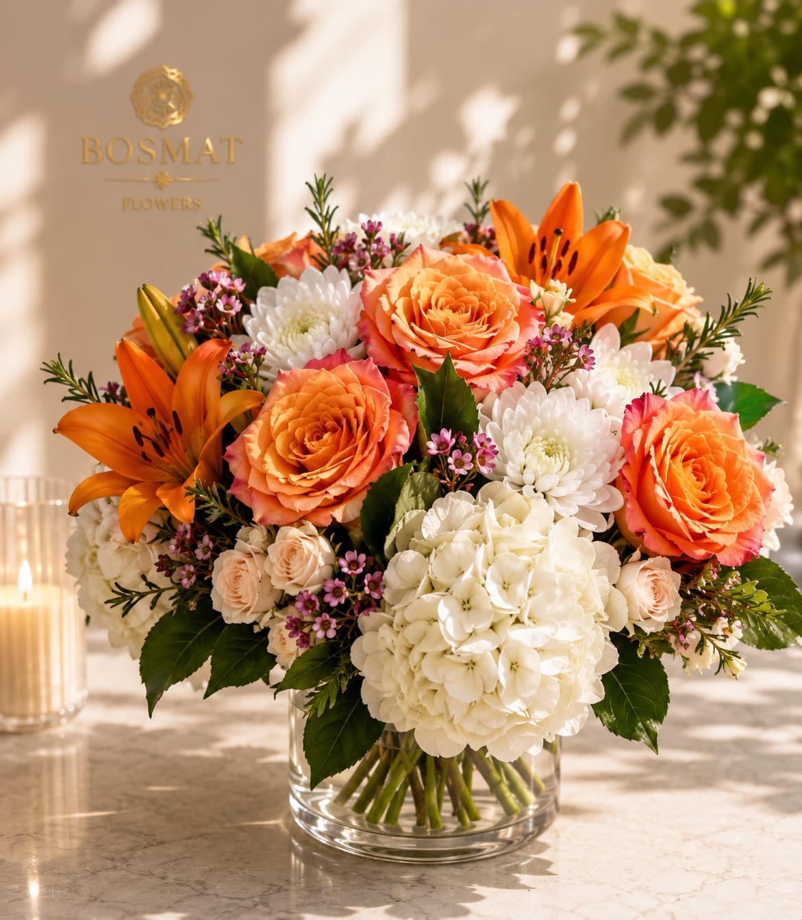 Citrus Bloom - A vibrant luxury arrangement featuring premium peach roses, orange lilies, white hydrangeas, chrysanthemums, and fresh greenery. Handcrafted by Bosmat Flowers and available for same-day delivery.