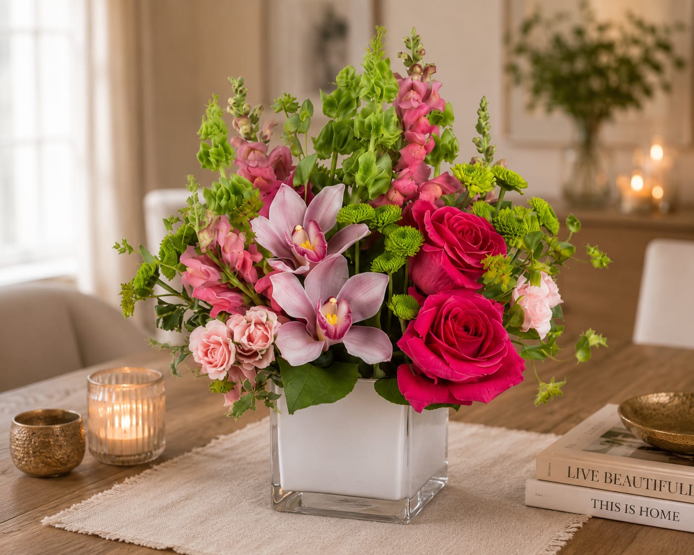 Take Me Away  - Elevate your gifting experience with our exquisite Floral Arrangement, a harmonious blend of nature's finest blooms. This enchanting arrangement boasts a captivating ensemble featuring Cymbidium Orchids, Bells of Ireland, Snapdragon, Roses, and Button Mums.  Whether it's a birthday, congratulations, or a celebration of new beginnings, this arrangement embodies the essence of beauty, growth, and vibrant life. Each stem was carefully selected to create a stunning visual symphony that will leave a lasting impression on your recipient.  With its graceful combination of colors and textures, our Floral Arrangement is a thoughtful and elegant choice for any occasion, offering a heartfelt expression of your sentiments. Let this arrangement convey your warm wishes and celebrate life's special moments in style. 