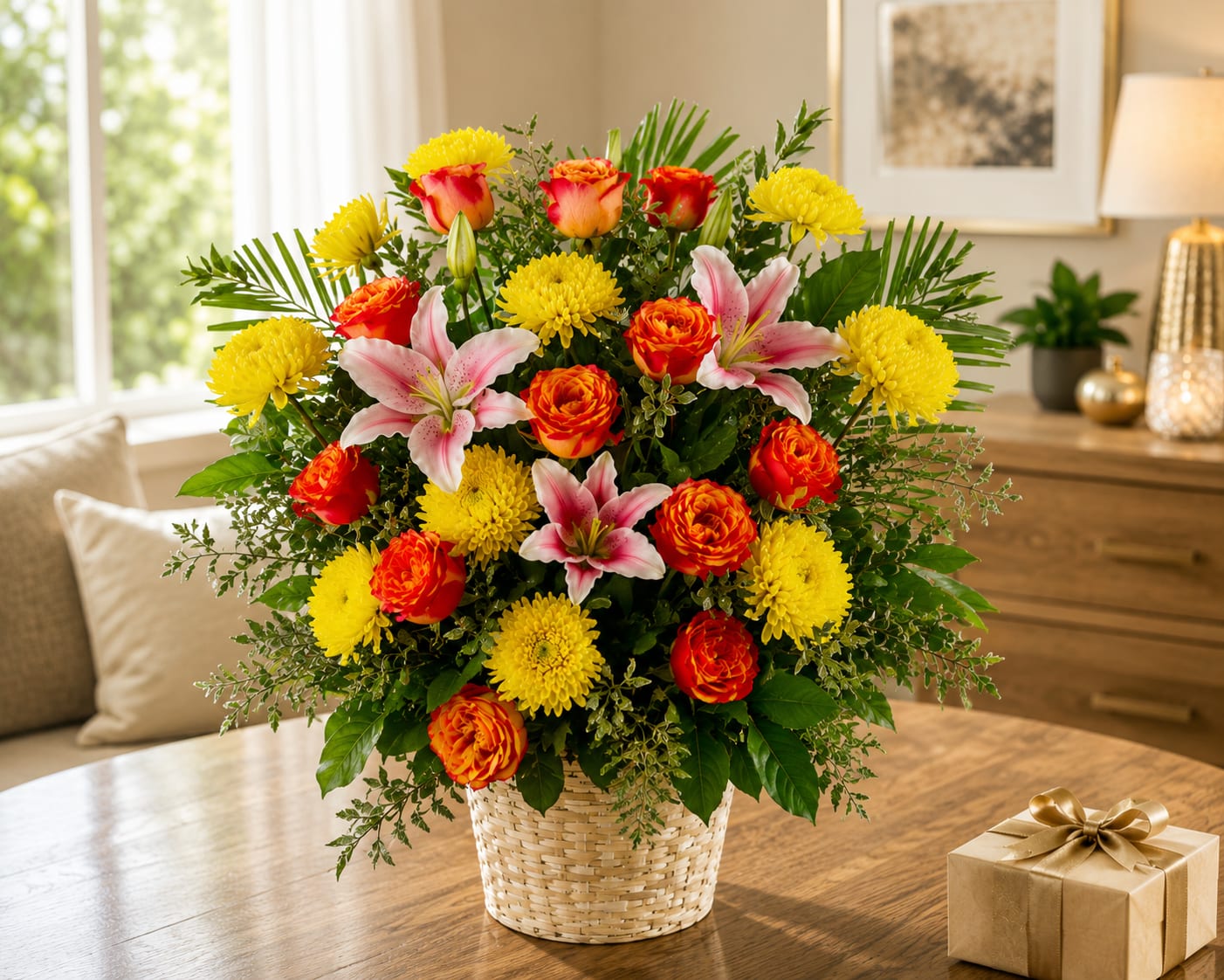 Spring Morning  - This colorful and bright funeral basket is representative of a life lived to its fullest. Fitting for any type of service, colors and flowers may change based off of season and availability. 