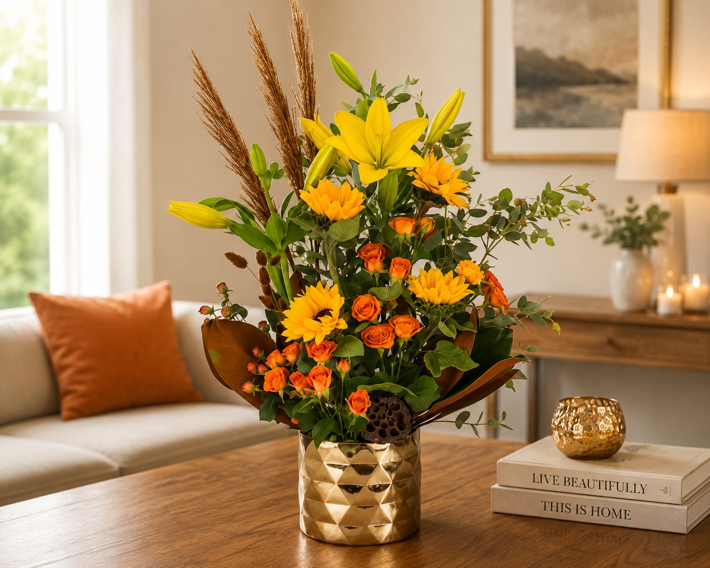 Golden Harvest Elegance - Sun-soaked lilies and bold sunflower-like blooms set the tone for this Golden Harvest Elegance flower arrangement, a warm-toned Thanksgiving and autumn centerpiece that also reads beautifully for birthdays, congratulations, or Rosh Hashanah gifts. Bright yellow lilies and chrysanthemums mingle with clusters of small orange spray roses and full roses to create a cheerful, energetic impression that will make the person you're thinking of feel celebrated and seen.  The blooms are arranged in a tall, airy composition with branching glossy greenery, decorative brown foliage, berry stems, lotus and seed pods, and dried branches that add height, texture, and a rustic harvest feel. A faceted gold textured vase anchors the design with a modern, polished look-perfect for tabletops or entryways-and the combination of yellow, orange, green and white tones keeps the palette rich without feeling heavy.  Ideal for Thanksgiving or any autumn display, this arrangement brings seasonal warmth without being tied to a single holiday; it also suits Halloween gatherings when you want tasteful fall flair. Care is simple-keep water refreshed and trim stems every few days to extend vase life-and the sturdy gold vase makes a lovely keepsake after the flowers have faded.