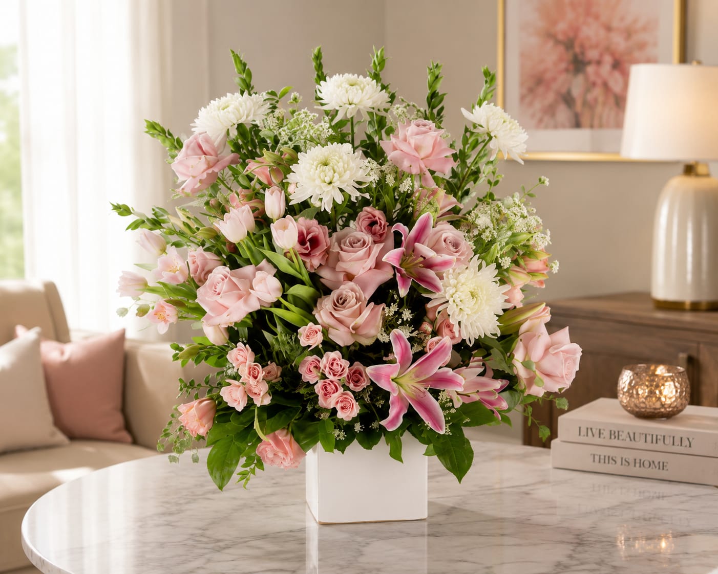 Blush Garden Elegance - In times of loss and remembrance, our pink and white funeral basket stands as a beautiful tribute and a heartfelt sendoff. This elegant arrangement is thoughtfully designed to honor the memory of a loved one, offering solace and support during a difficult time.  The combination of gentle pink and pure white flowers in this funeral basket symbolizes love, purity, and remembrance. It serves as a fitting tribute for any type of ceremony, providing a serene and comforting atmosphere to honor the departed.  Each flower is carefully chosen to convey sympathy and support, offering a sense of peace and serenity. The arrangement is crafted with sensitivity and reverence, allowing it to be a comforting presence and a visual representation of heartfelt condolences.  During this time of loss, our pink and white funeral basket offers a tender expression of sympathy. It stands as a poignant reminder that even in times of sorrow, love and remembrance endure.  Let this thoughtful arrangement serve as a comforting tribute and a gesture of support. It holds the space for reflection, remembrance, and healing, offering solace to those who are grieving.