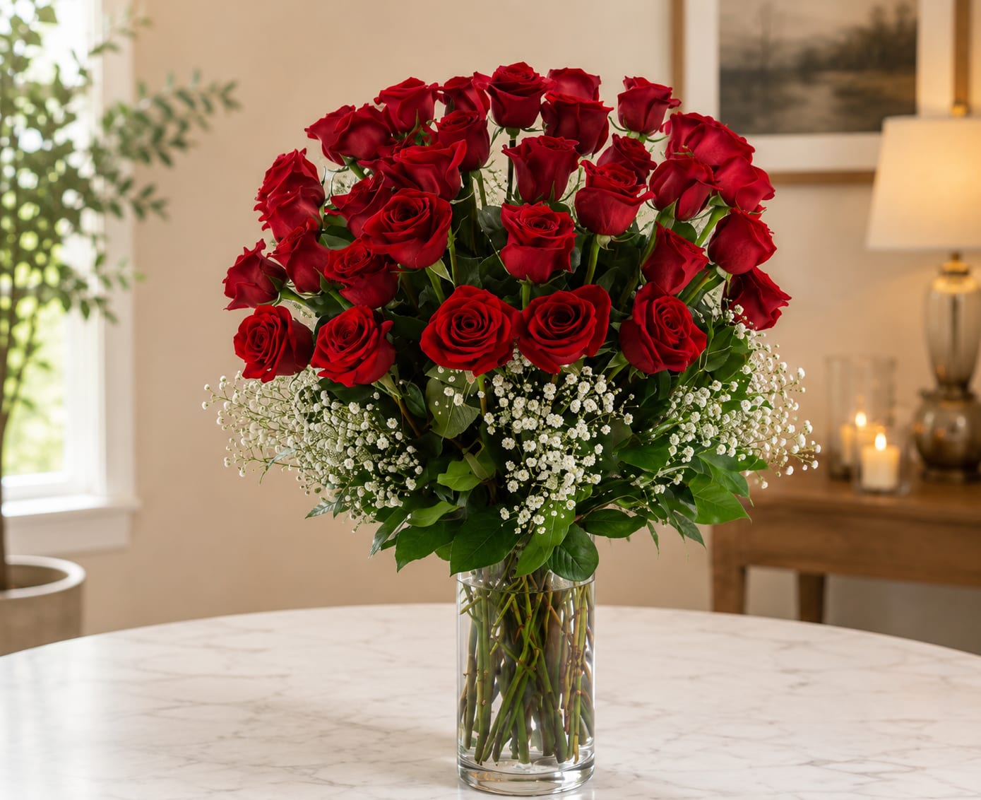 Majestic Red Rose Arrangement - STANDARD DOES NOT INCLUDE VASE, BOUQUET ONLY  Go big with your love! Looking to show that special person how much you adore them, how much you love and care for them? Send the most extravagant 3 dozen red rose arrangement for your Anniversary Celebrations, Valentine's day or Declarations of Love. This luxury arrangement makes a big statement of "I Love You" in 36 special ways!  Standard includes 36 Long Stemmed Red Roses, Bunch of Baby's Breath, mixed with Lemon Leaves and Myrtle or Bells of Ireland Branches for Décor! 
