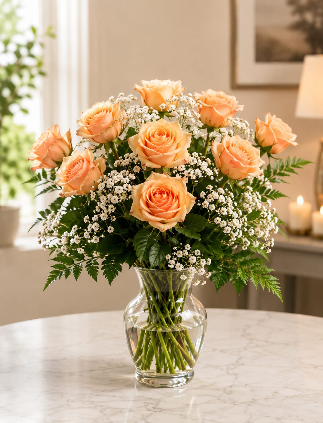 Dozen Long Stemmed Peach Roses  - These pink roses are cheerful and fun! Dozen Long Stemmed PeachRoses is the perfect gift to show your love and appreciation. Perfect gift for Birthdays, Holidays, Anniversary, or even just because!  Standard Includes 12 Long Stemmed Peach Roses, 1 Hypericum Berries, bunch of Lemon Leaves, &amp; 3 Aspidistra Leaves.  Flowers are delivered arranged and wrapped in a gift wrapping paper. Roses may take 2-3 days to open up as shown in product photo. Upon arrival, remove flowers from wrap, trim ends of stems, and place them in a vase with water, and enjoy your beautiful bouquet!