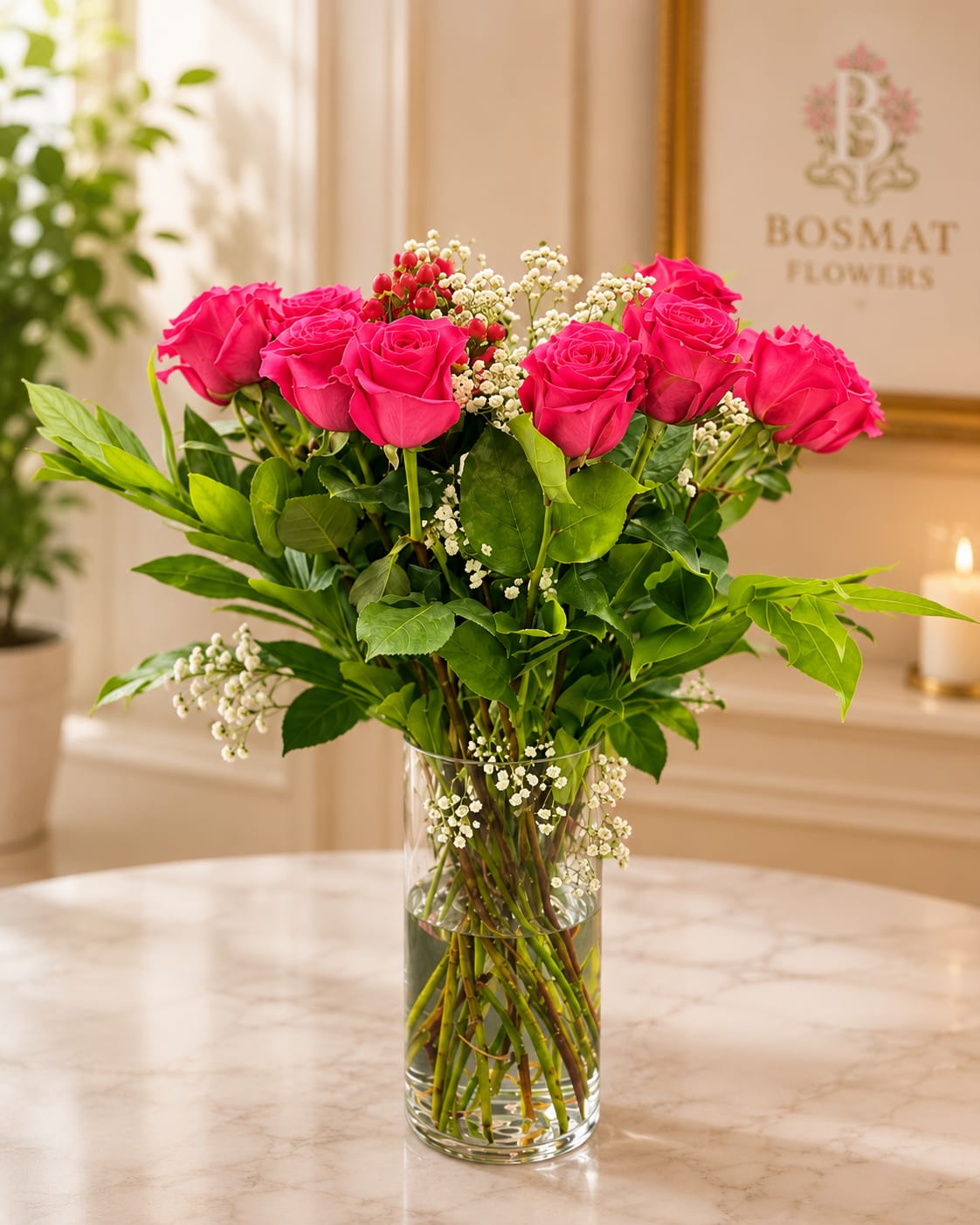 Dozen Long Stemmed Hot Pink Roses - Make a bold statement with our Elegant Hot Pink Rose Bouquet, featuring twelve premium roses in a captivating shade of vibrant pink. These striking roses are the perfect symbol of admiration, gratitude, and deep affection, making them an ideal gift for anniversaries, celebrations, or to simply brighten someone’s day.  Each rose is handpicked for its beauty and freshness, carefully arranged to create a stunning visual display. Whether it's a romantic gesture or a heartfelt congratulations, this bouquet is sure to leave a lasting impression.