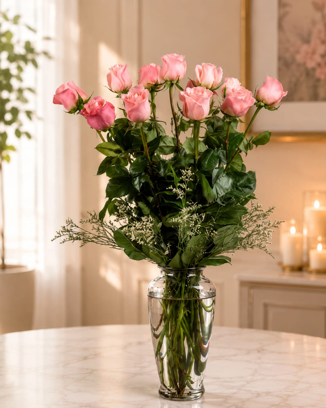 Dozen Long Stemmed Pink Roses  - STANDARD DOES NOT INCLUDE VASE, BOUQUET ONLY   These pink roses are cheerful and fun! Dozen Long Stemmed Pink Roses is the perfect gift to show your love and appreciation. Perfect gift for Birthdays, Holidays, Anniversary, or even just because!  Standard Includes 12 Long Stemmed Pink Roses, 1 Hypericum Berries, bunch of Lemon Leaves, &amp; 3 Aspidistra Leaves.  Flowers are delivered arranged and wrapped in a gift wrapping paper. Roses may take 2-3 days to open up as shown in product photo. Upon arrival, remove flowers from wrap, trim ends of stems, and place them in a vase with water, and enjoy your beautiful bouquet!  