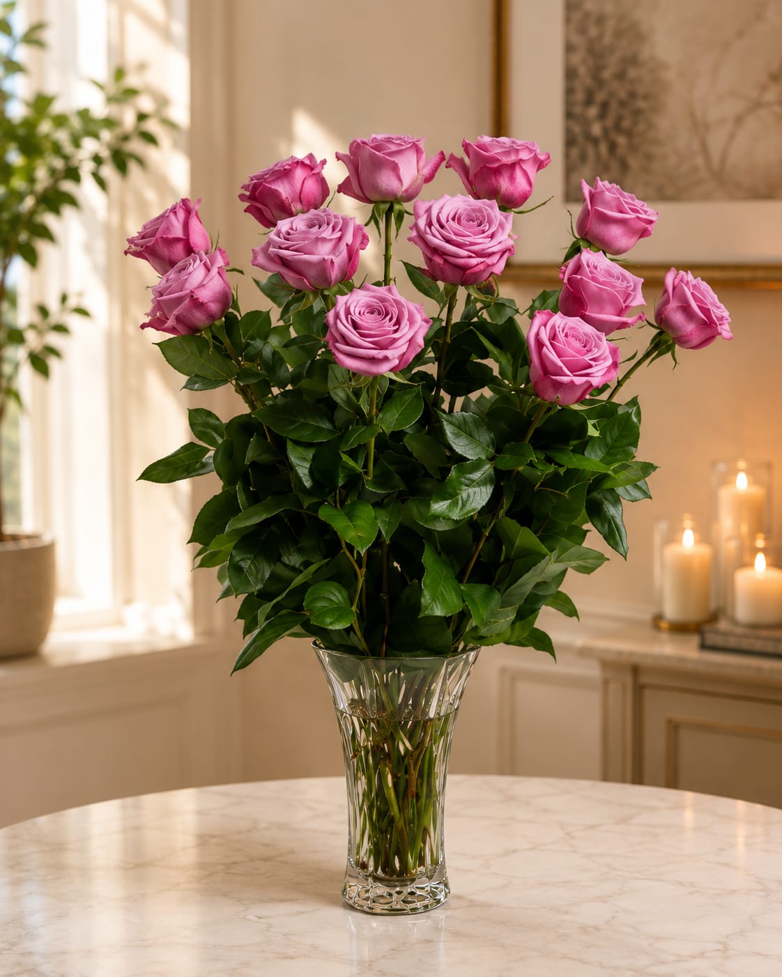 Dozen Long Stemmed Lavender Roses - STANDARD DOES NOT INCLUDE VASE, BOUQUET ONLY  This arrangement is the perfect "Pick Me Up" to brighten someone's day, with it's beautiful scent it is impossible to not fall in love! Dozen Long Stemmed Lavender Roses is the perfect gift for a Birthday, Get Well, Just Because, and Thank You!  Standard Includes 12 Long Stemmed Lavender Roses, 1 Hypericum Berries, bunch of Lemon Leaves, &amp; 3 Aspidistra Leaves.  Flowers are delivered arranged and wrapped in a gift wrapping paper. Roses may take 2-3 days to open up as shown in product photo. Upon arrival, remove flowers from wrap, trim ends of stems, and place them in a vase with water, and enjoy your beautiful bouquet! 