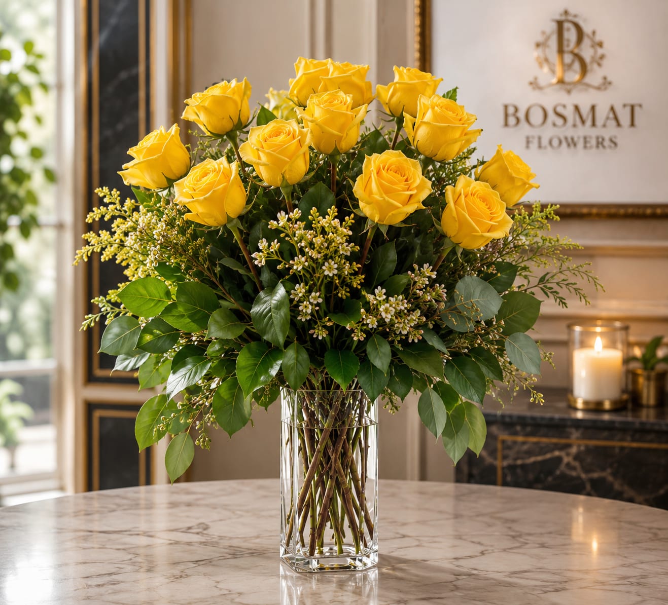 Dozen Long Stem Yellow Roses - STANDARD DOES NOT INCLUDE VASE, BOUQUET ONLY  Yellow roses are a great option to send a non-romantic love. Send a dozen yellow roses to your friend or family member to brighten up their space and celebrate them! Yellow roses are a good gift for graduations, birthdays, or celebrating an accomplishment like a new job.  Standard Includes 12 Long Stemmed Yellow Roses, 1 Hypericum Berries, bunch of Lemon Leaves, &amp; 3 Aspidistra Leaves.  Flowers are delivered arranged and wrapped in a gift wrapping paper. Roses may take 2-3 days to open up as shown in product photo. Upon arrival, remove flowers from wrap, trim ends of stems, and place them in a vase with water, and enjoy your beautiful bouquet! 