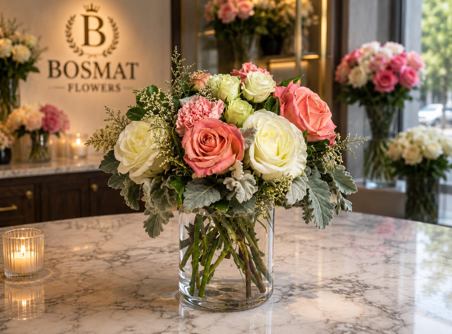 Pink and white rose bouquet in a clear glass vase