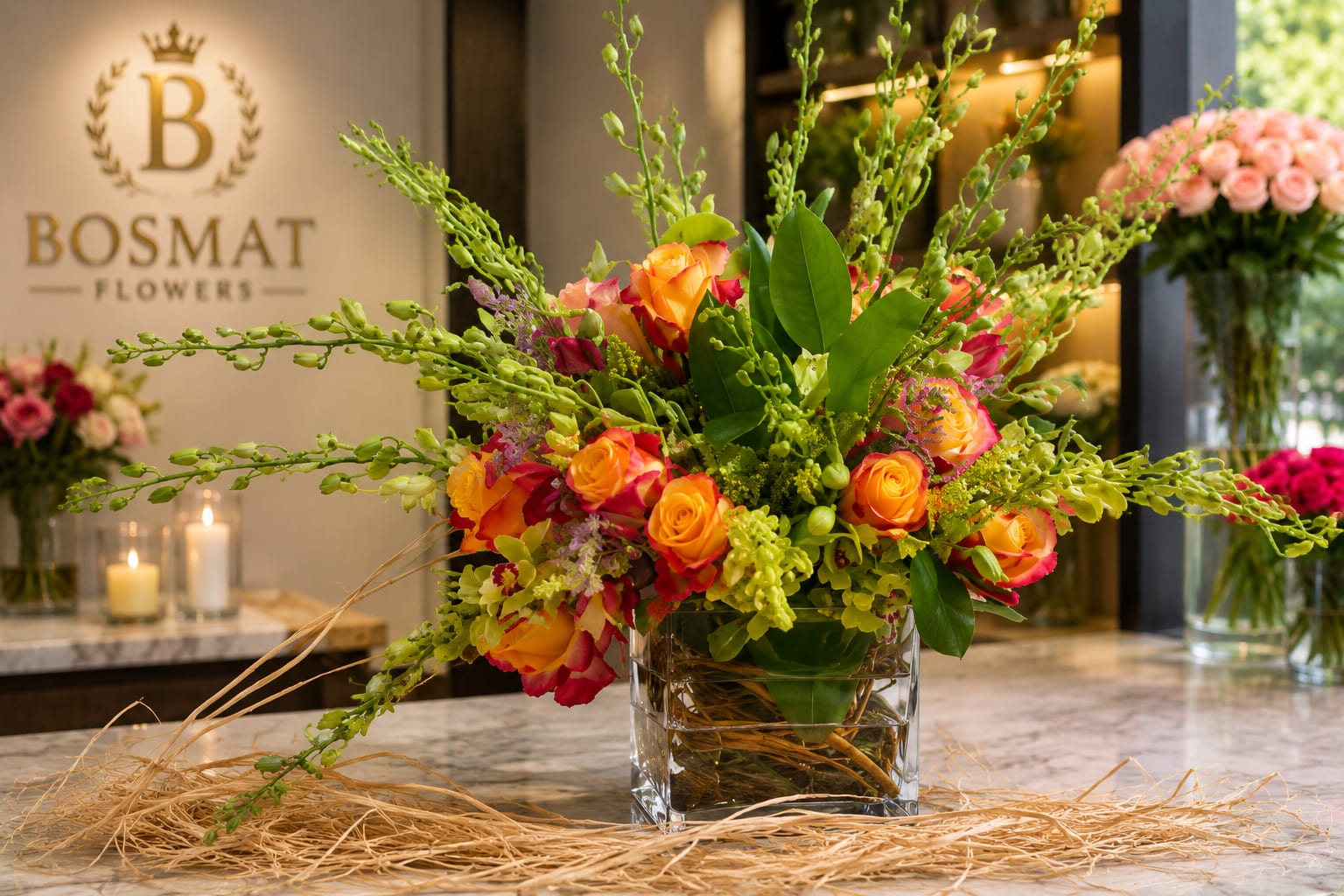 Bright orange and pink rose arrangement in a clear square vase