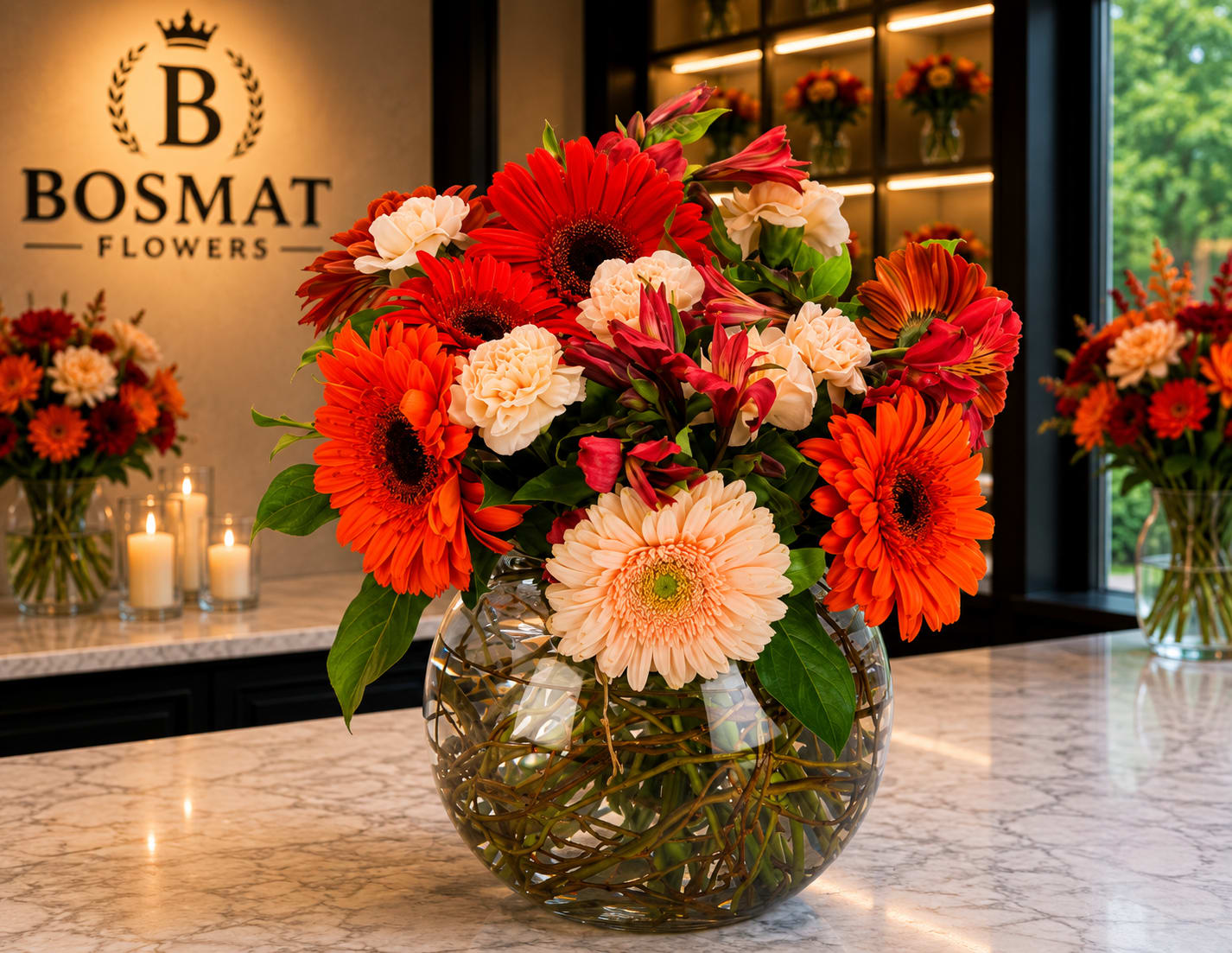 Bright mixed bouquet of gerbera daisies and carnations in a round glass vase