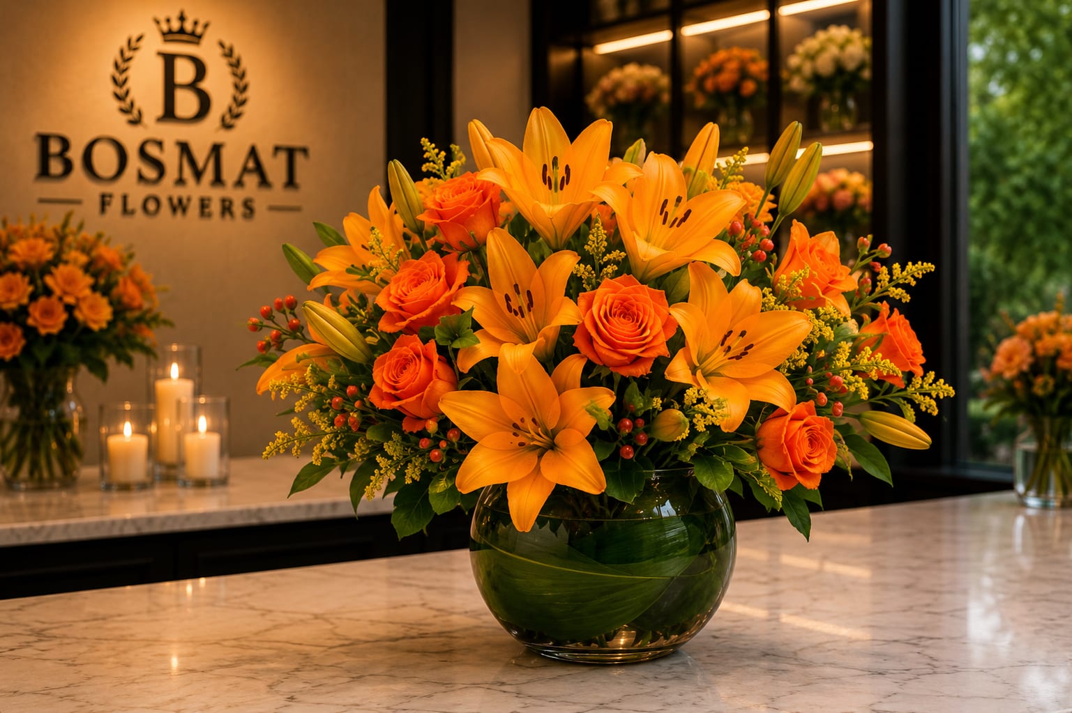 Orange lilies and roses arranged in a round glass vase