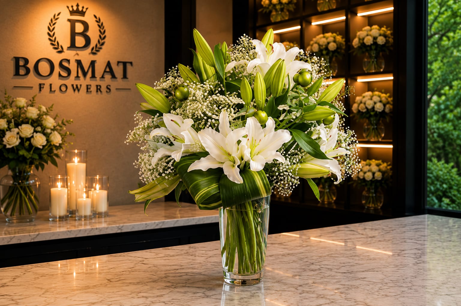 White lilies and green buds arranged in a clear glass vase