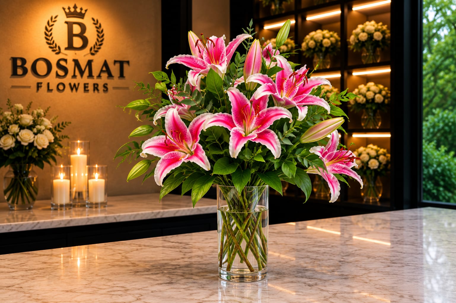 Pink lilies arranged in a clear glass vase