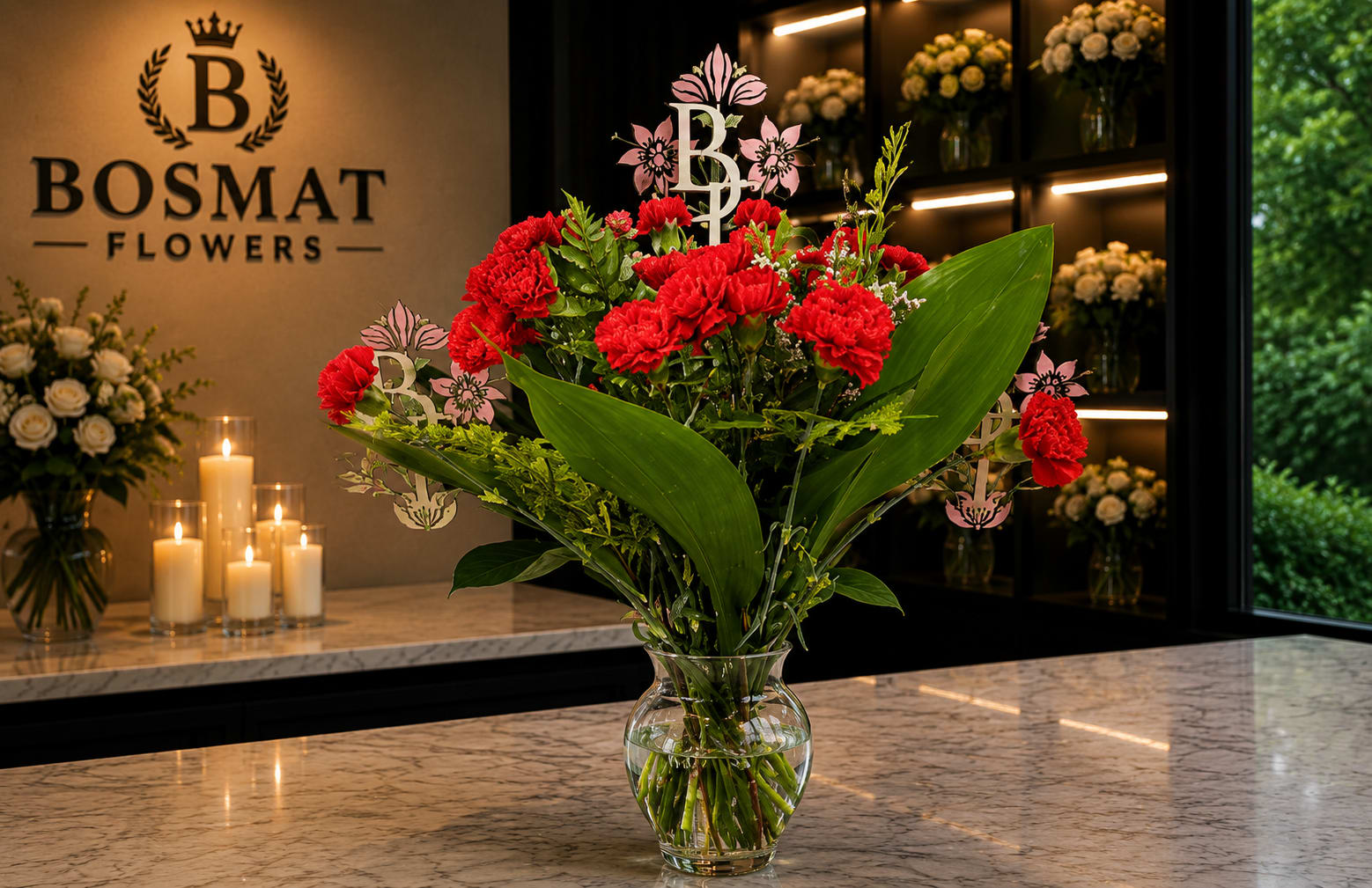 Red carnations in a clear glass vase with broad green leaves
