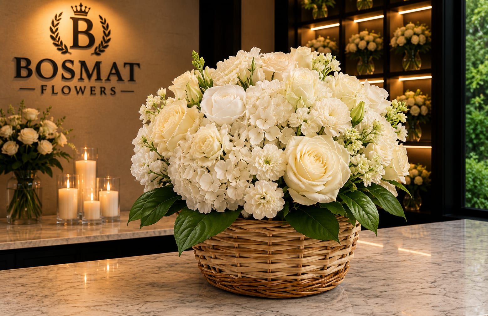 White rose and hydrangea arrangement in a wicker basket