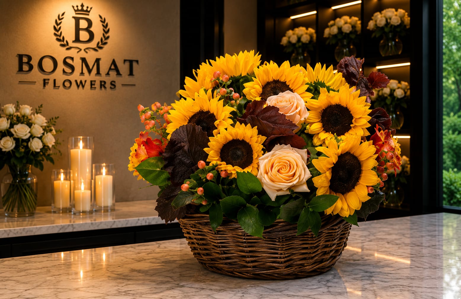 Basket arrangement of sunflowers and peach roses