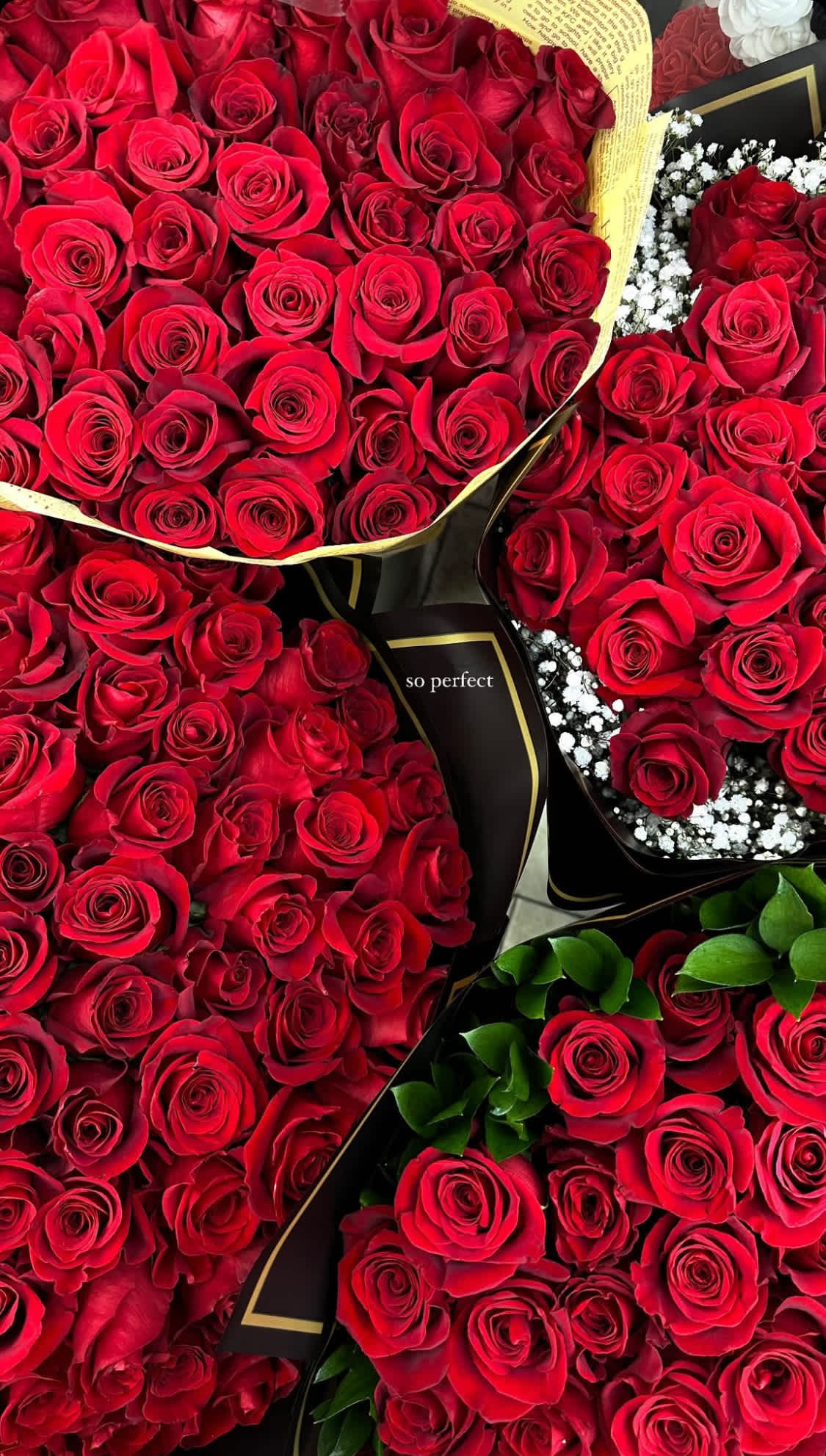 Bouquets of red roses wrapped in black paper with gold trim
