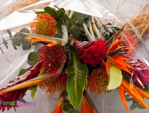 Tropical bouquet with orange bird-of-paradise and red pincushion blooms