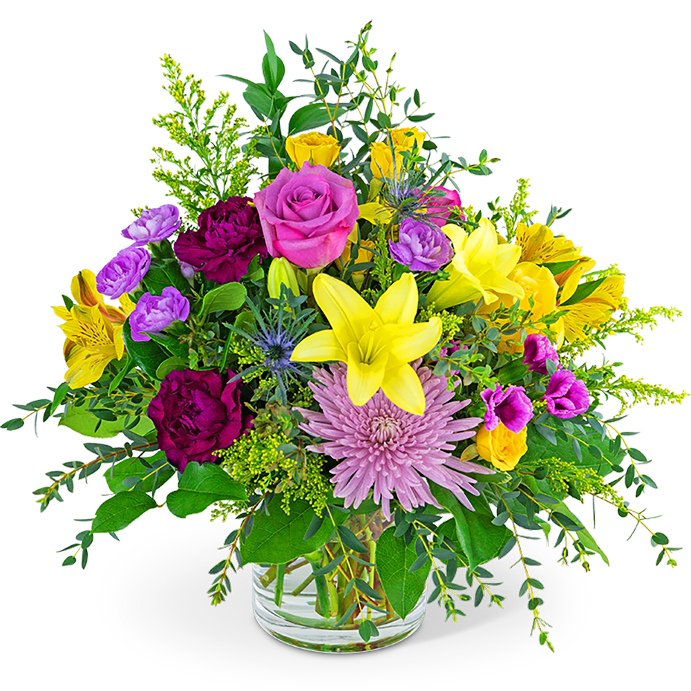 Colorful mixed bouquet in a clear glass vase