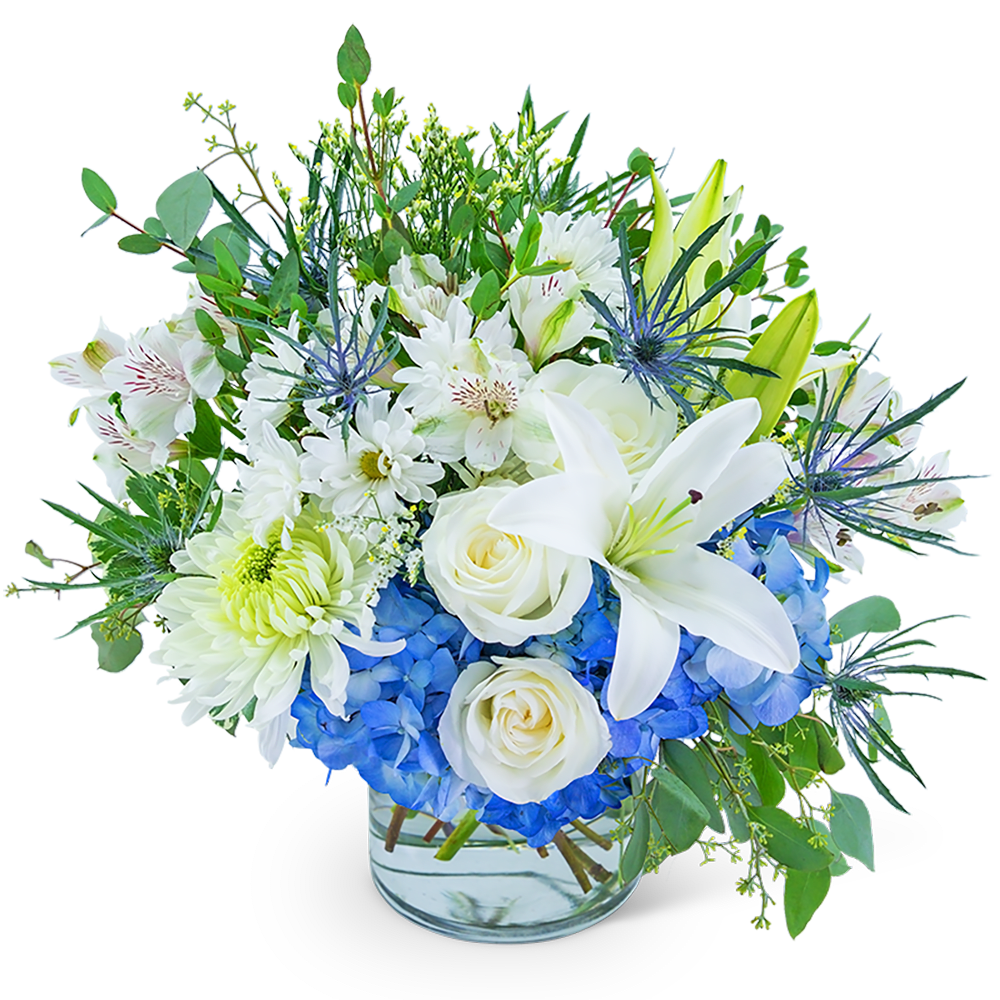 Horizon Line - The crisp blues and whites of this bouquet are reminiscent of a bright sunny day. Roses, alstroemeria, hydrangeas, mums, Oriental lilies, eryngium, and limonium are combined to create Horizon Line. It’s perfect for a new baby, birthday, or get well gift. 