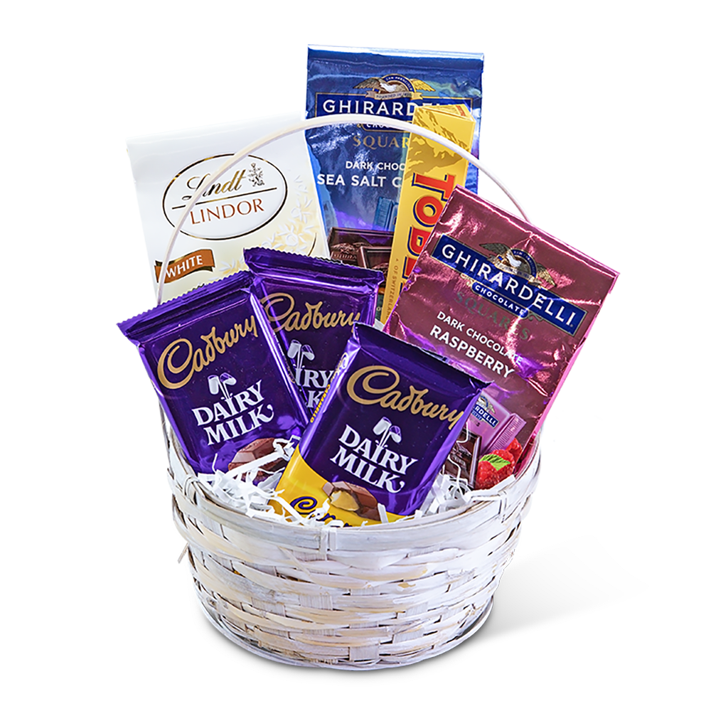 Basket of assorted chocolate bars and candy packages