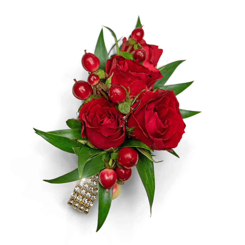 Red rose bouquet with berries and green leaves