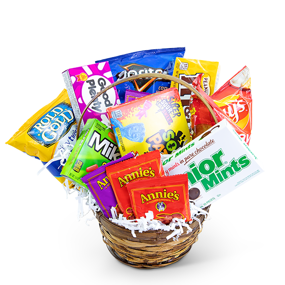 Basket filled with assorted candy and snack packages