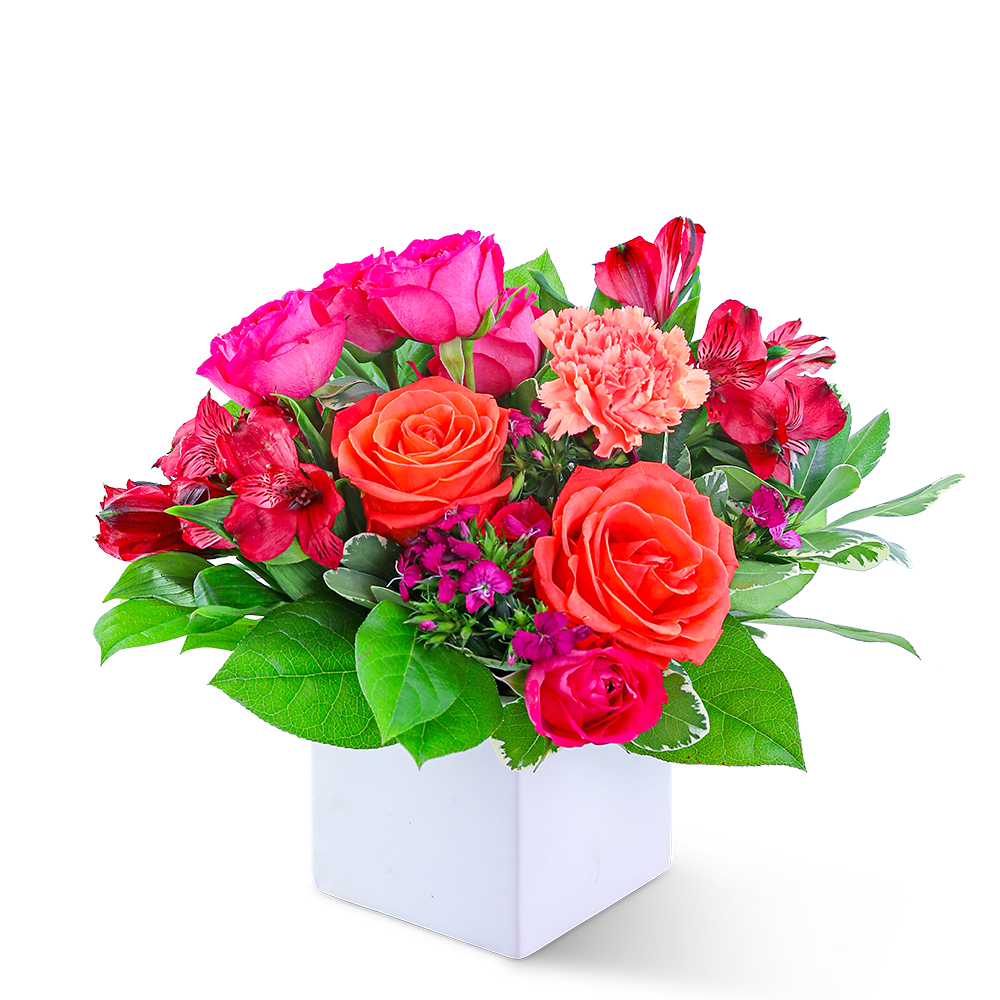 Pink and orange flower arrangement in a white cube vase