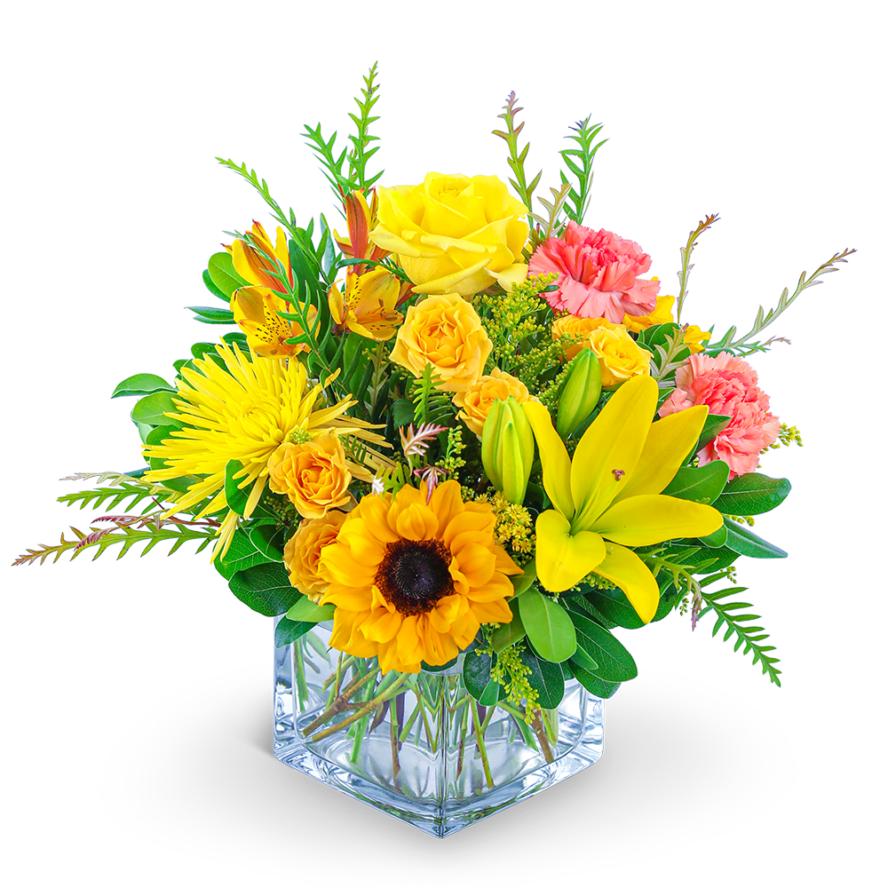 Sun-Kissed - This sunny mixed flower arrangement has been chosen and designed by our team of professional florists to show off the rich colors and textures of Fall. Sun-Kissed is a beautiful way to send birthday wishes, thank you wishes, or to express your love and devotion. We feature premium Sunflowers, Roses, Mums, Lilies, Alstroemeria, and Carnations, artistically arranged with premium foliage in a clear vase.