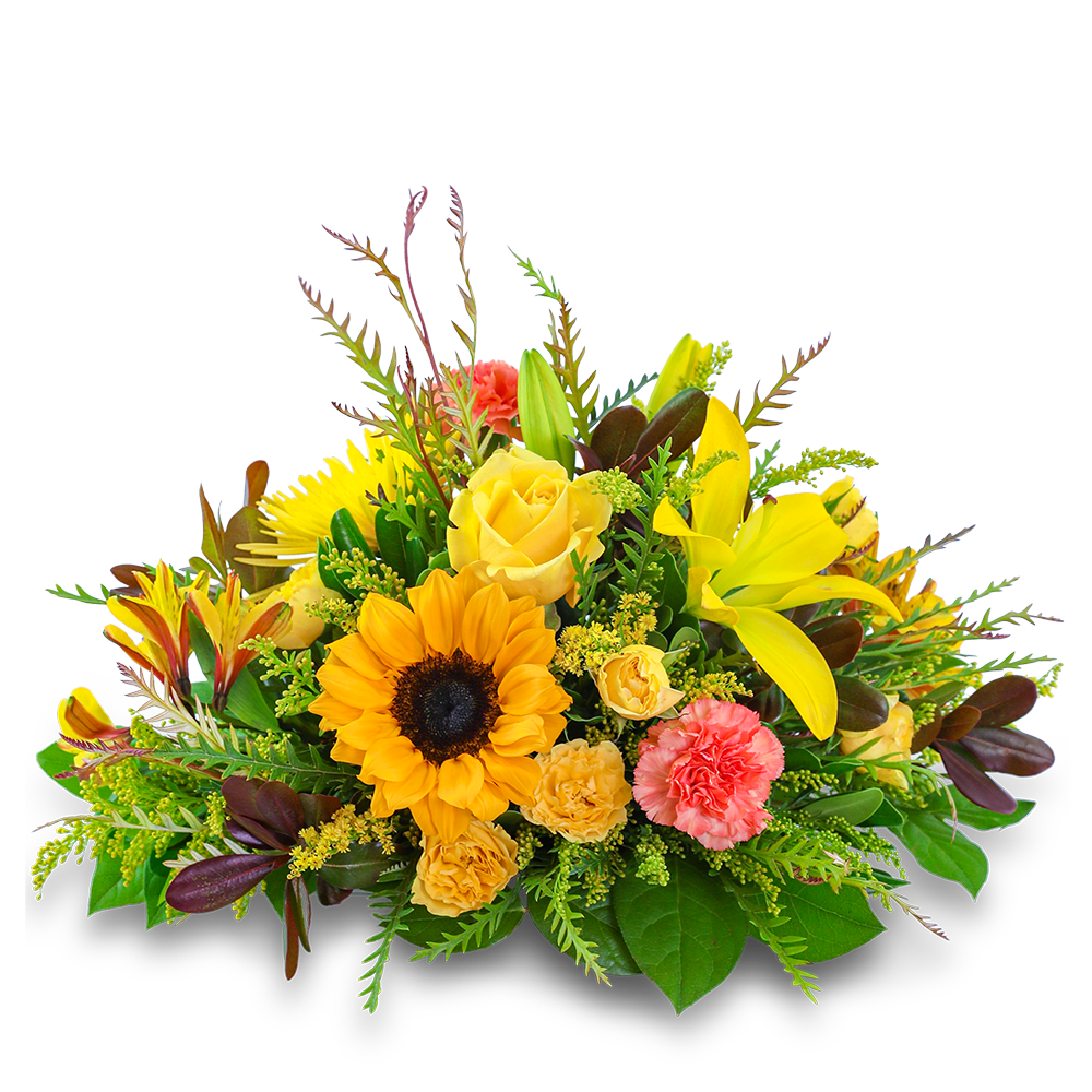 Bouquet of yellow and orange flowers with a sunflower and lilies