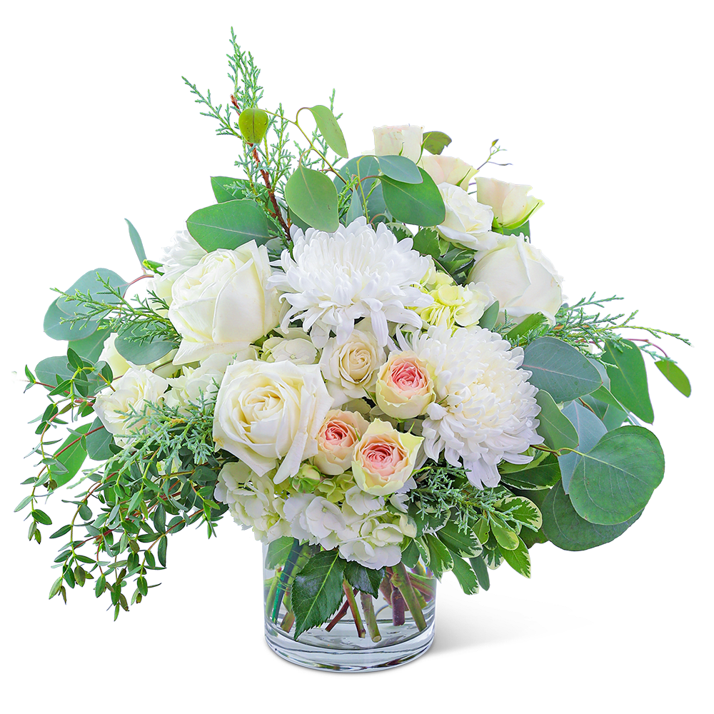 Warm Bubble Bath - Awaken the senses as you walk into your own romantic floral fantasy! Traditional roses, contemporary mums, and playful hydrangea mix to create a stunning bouquet! Warm Bubble Bath is bursting with blossoms and arranged in an eye-catching clear glass vase, accented with premium foliage. A shop favorite, this timeless beauty is perfect for any occasion!