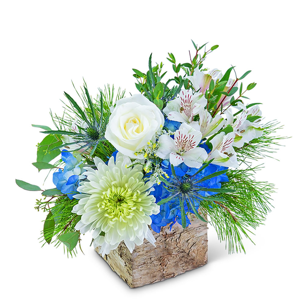 White roses and blue flowers in a rustic wood container