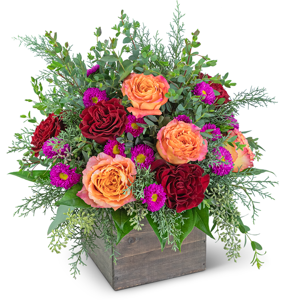 Hearth at Home - Add a warm glow to any home with this colorful arrangement. Hearth at Home features unique Roses, Matsumoto Asters, Cocculus, Parvifolia, Seeded Eucalyptus, and Evergreen in a rustic wood box. This large bouquet would be perfect for any entry or dining table. 