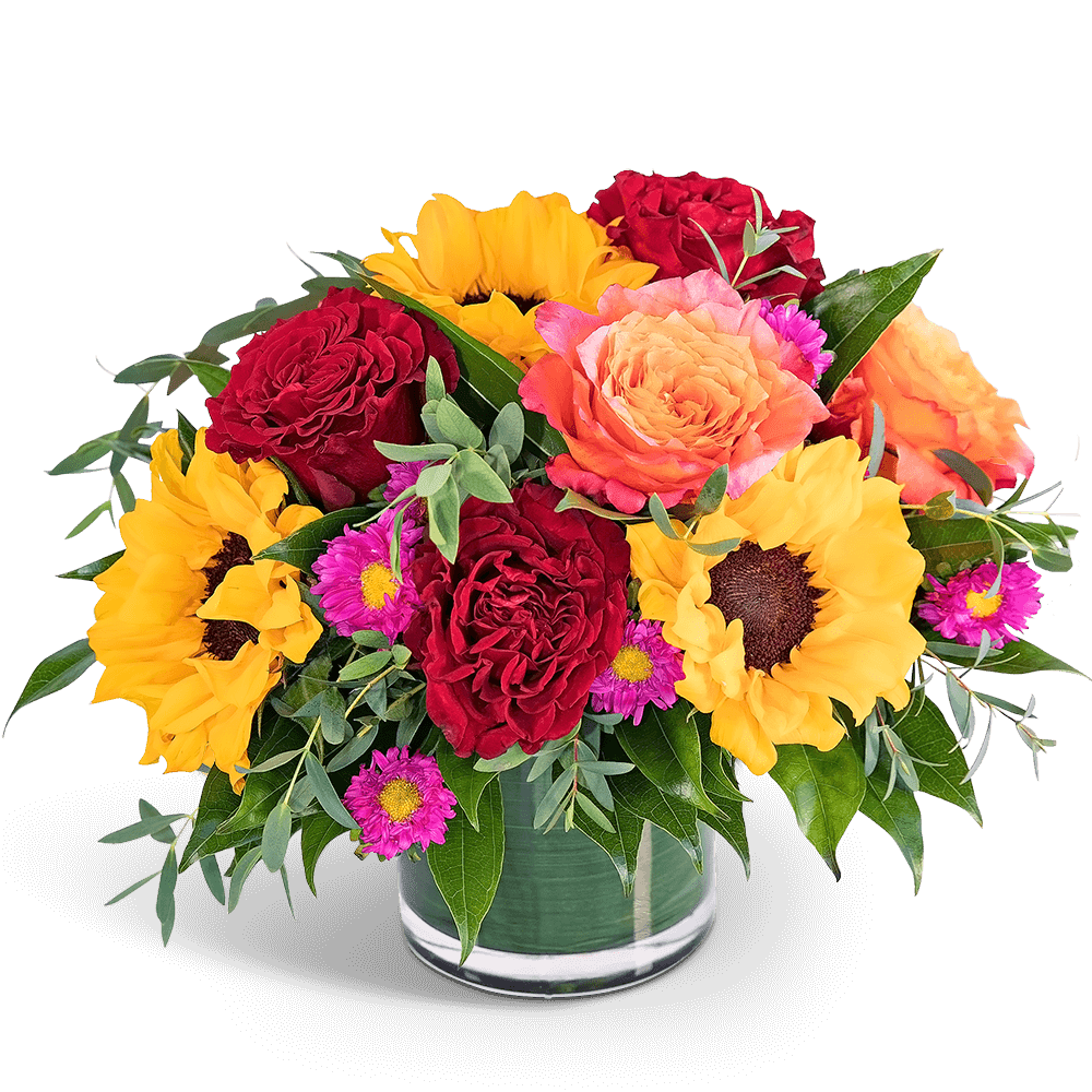 Mixed bouquet of red roses, sunflowers, and pink daisies in a glass vase
