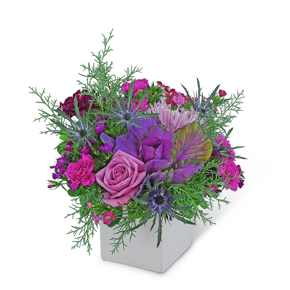 Pink and purple mixed flower arrangement in a white cube vase