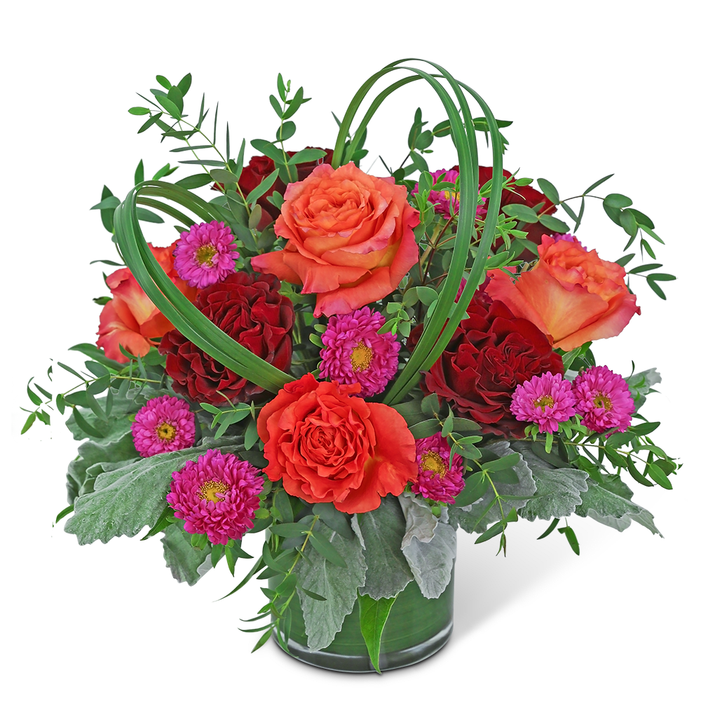Dancing in Barcelona - The vibrant colors in this arrangement are sure to brighten up any space. Dancing in Barcelona features premium roses, Matsumoto Asters, and various foliage and is displayed in a leaf-lined vase. A natural heart accent nestled in the design makes it a perfect Valentine's Day or romantic gift. We specialize in local flower delivery and take pride in our unique flower designs and excellent customer service.
