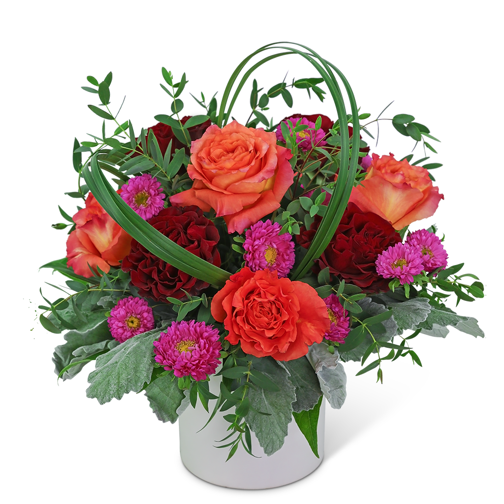 Orange and red roses with pink daisies in a white vase