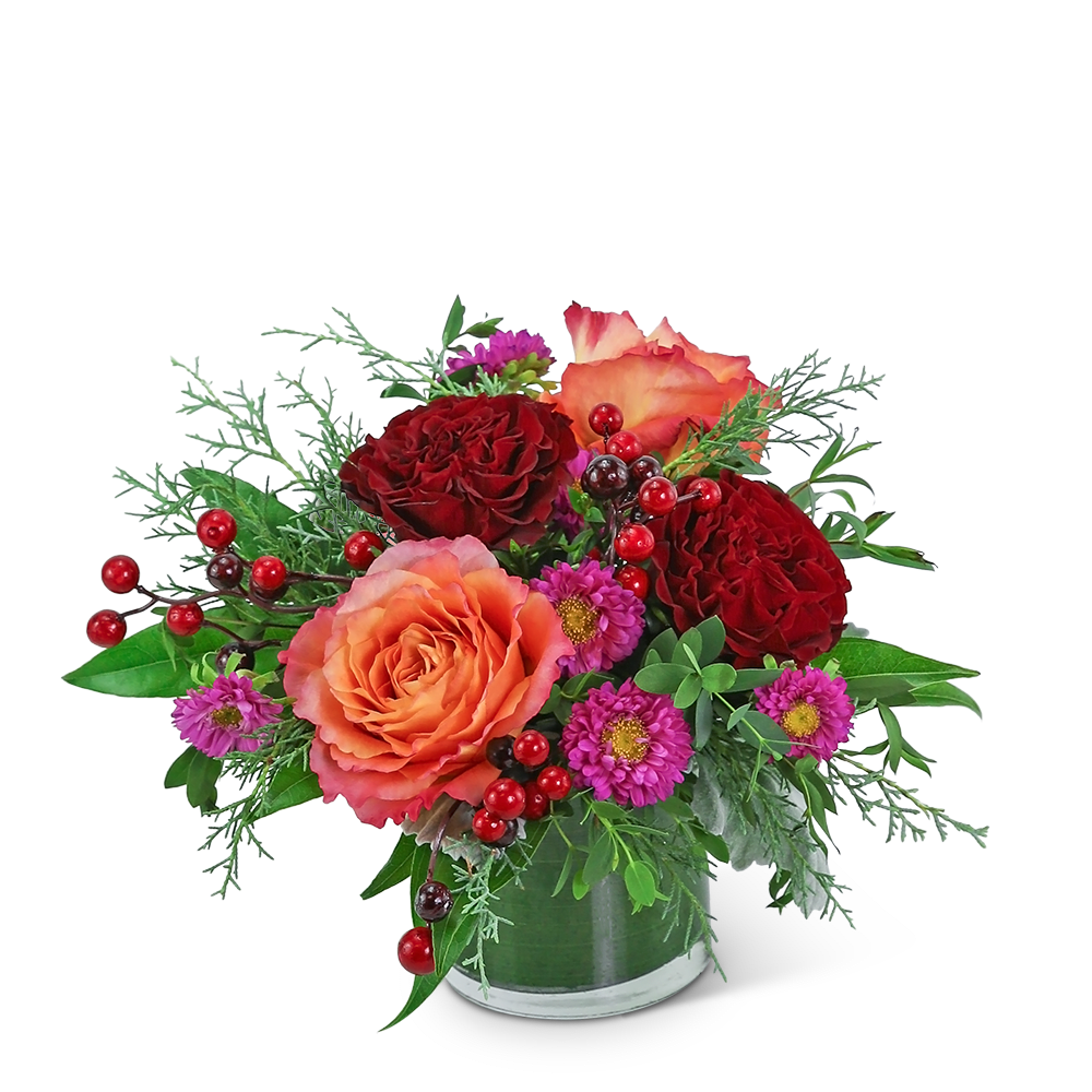 Arrangement of red and peach roses with purple daisies in a vase