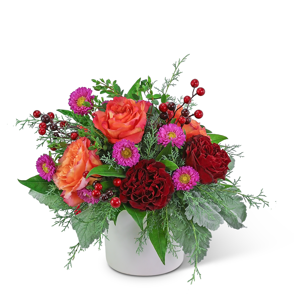 Bouquet of orange and red roses with purple daisies in a white vase