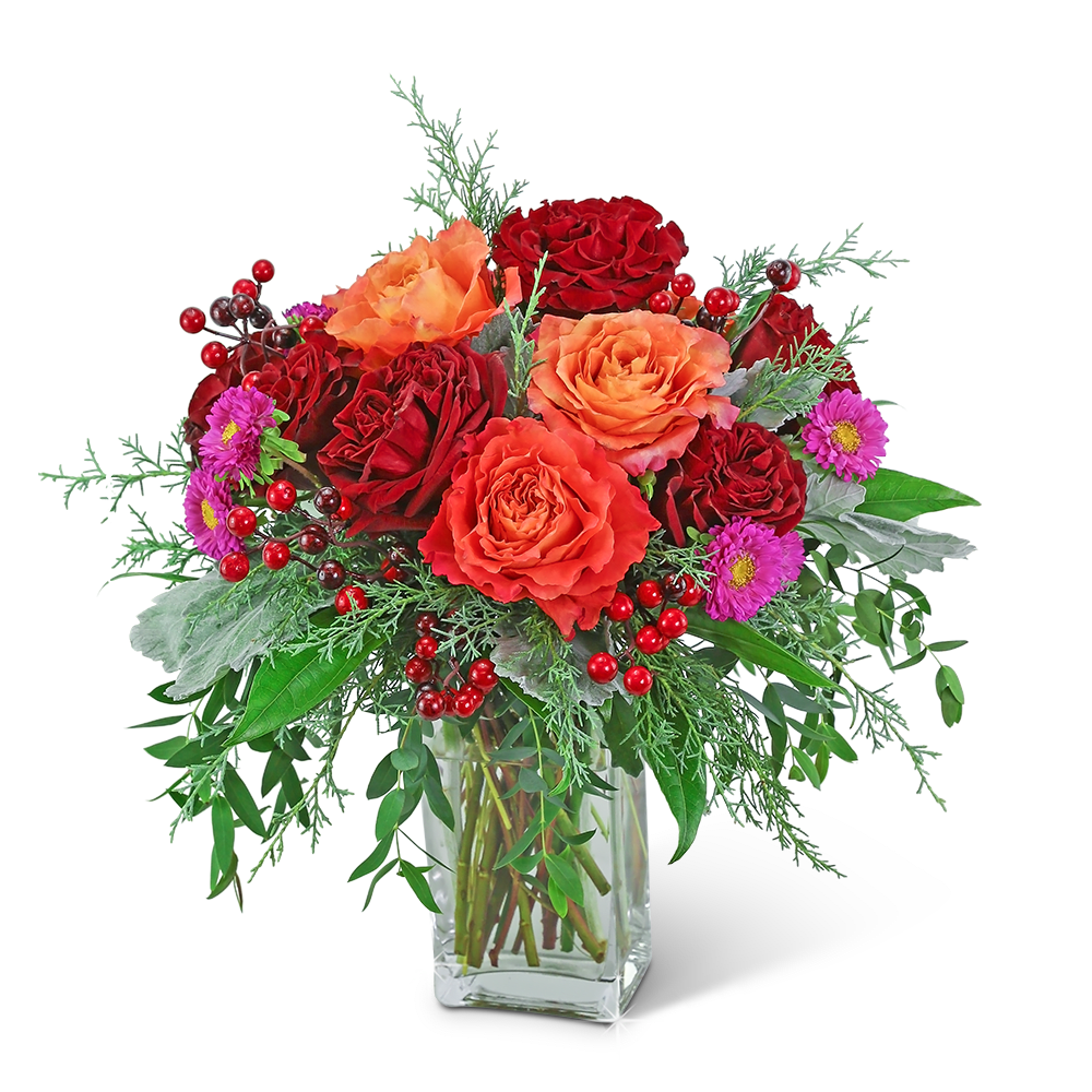 Pineberry Winter Spirit - The vibrant colors in this arrangement are sure to brighten up any space. Pineberry Winter Spirit features premium roses, Matsumoto Asters, and the perfect touch of winter foliage. This non-traditional winter flower design is the perfect holiday flower arrangement for a gift or just to add fresh flowers to your holiday home decor. We specialize in local flower delivery and take pride in our unique flower designs and excellent customer service.