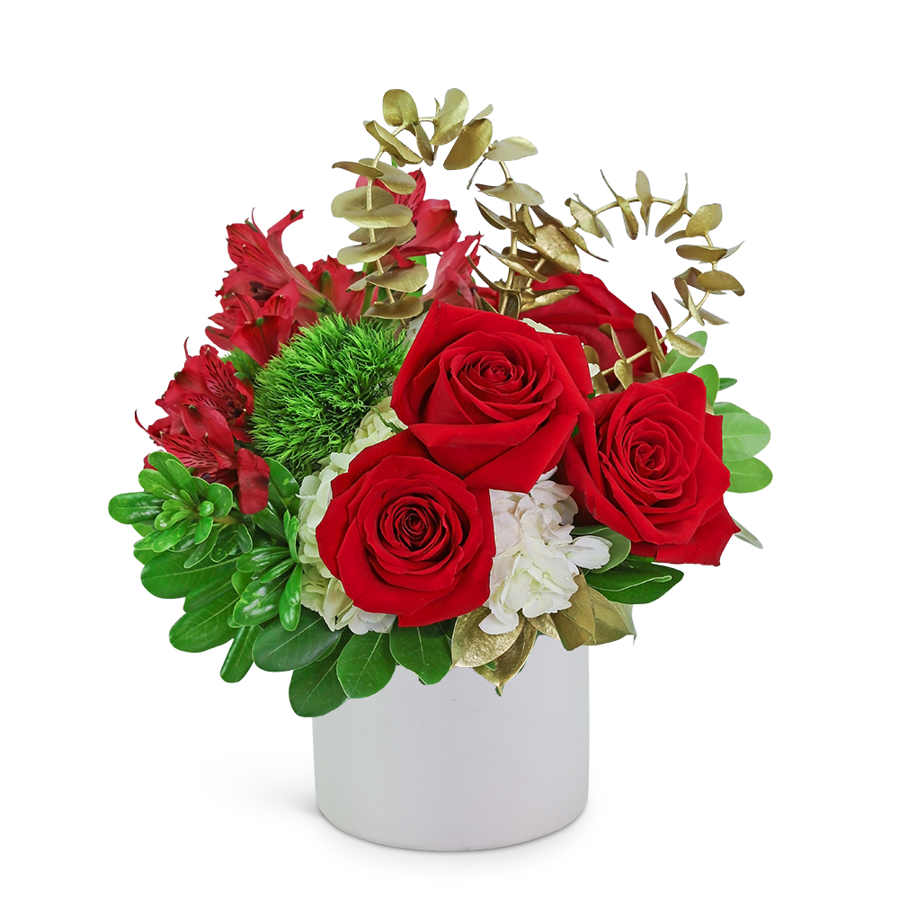 Red roses and white flowers in a white vase with gold foliage