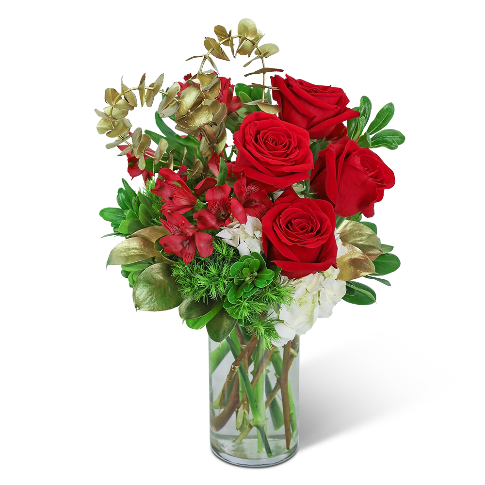 Red roses and red alstroemeria in a clear glass vase