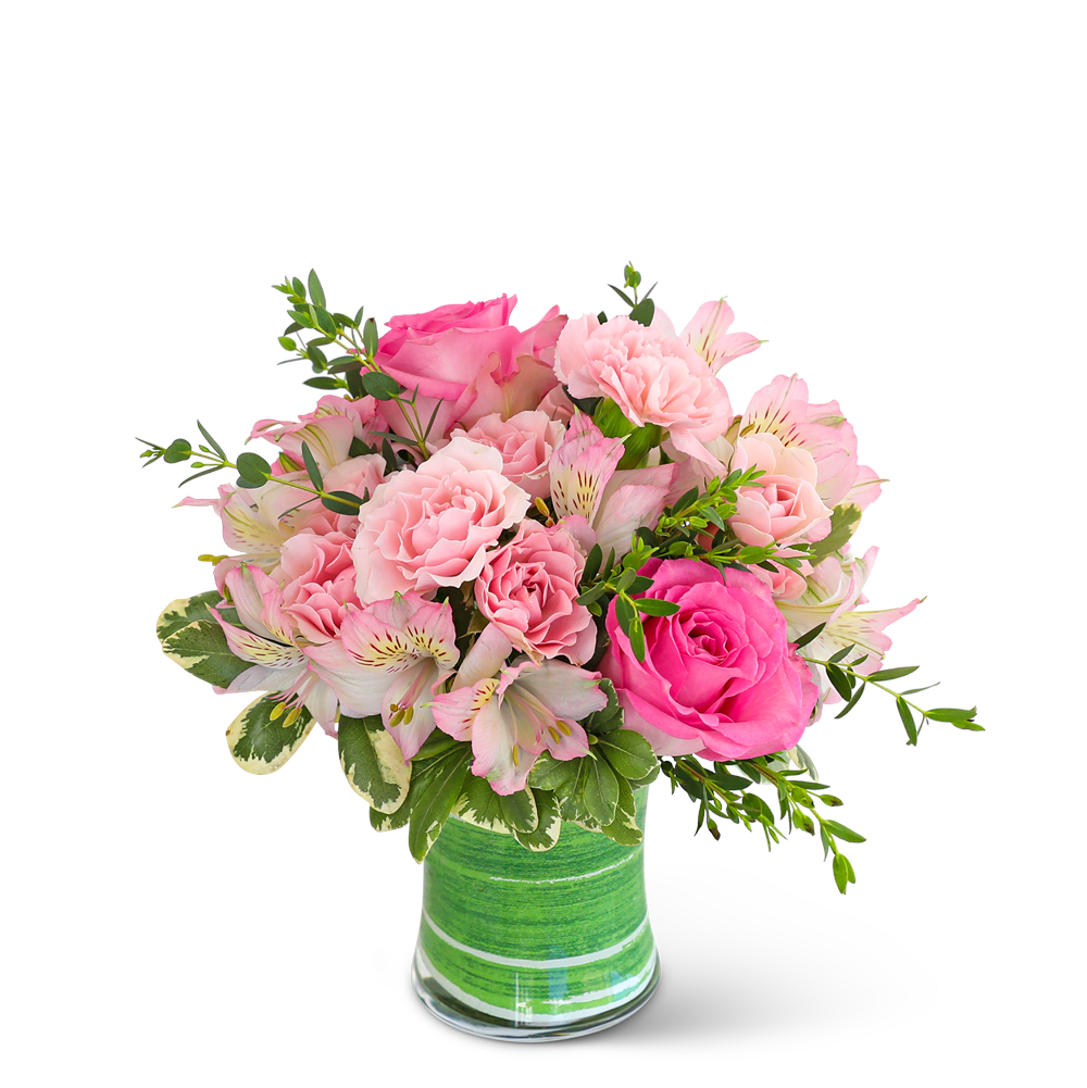 Pink roses and carnations in a green striped glass vase
