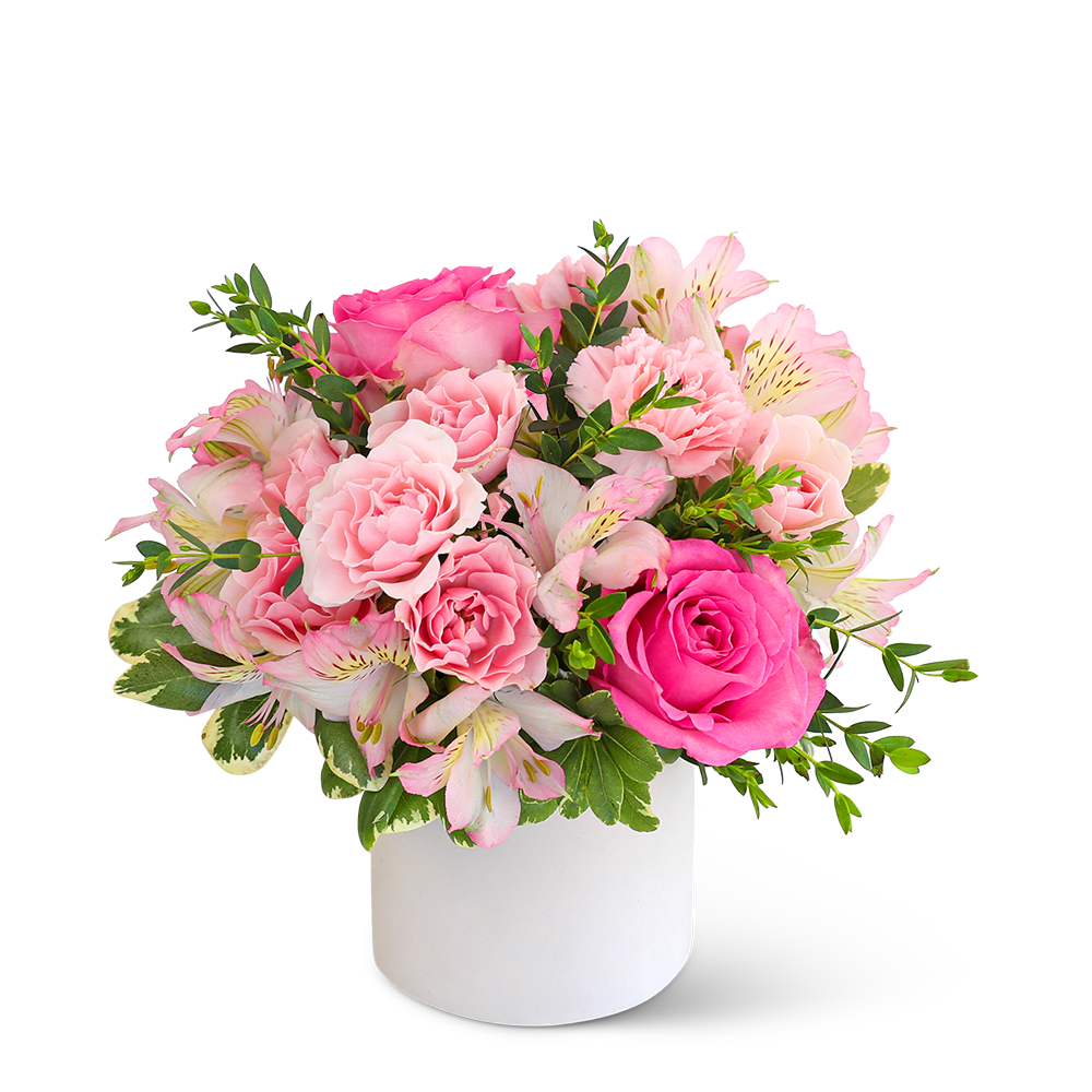 Pink roses and alstroemeria in a white vase